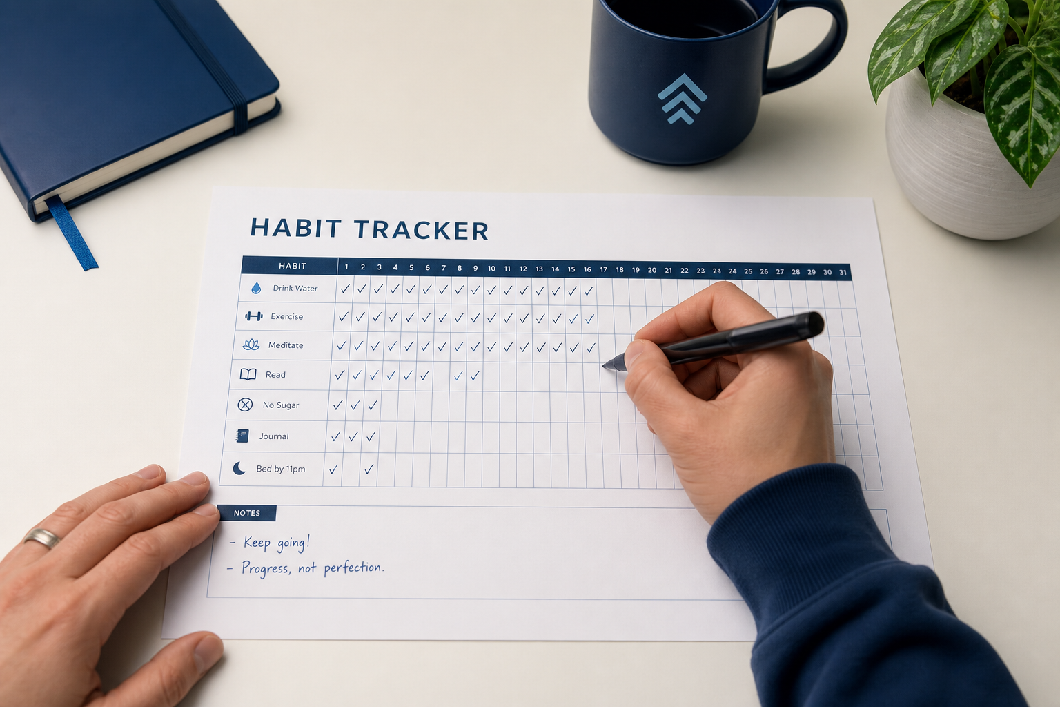 Greenwrmotionar habit tracking calendar on a clean desk